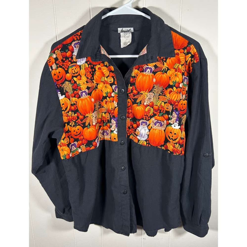 Vintage Tap & Co Halloween Pumpkin Patch Button Down Shirt Black Medium USA Made